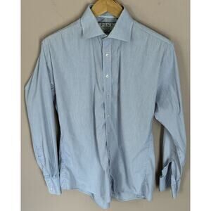 Thomas Pink Mens Long Sleeve Button Down Blue Fine Striped Shirt Large